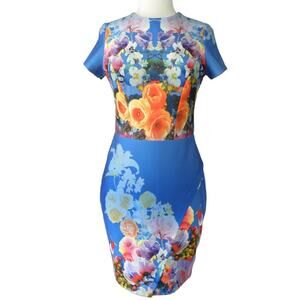 Neiman Marcus Short Sleeve Floral Scuba Dress Blue Multi Sheath medium